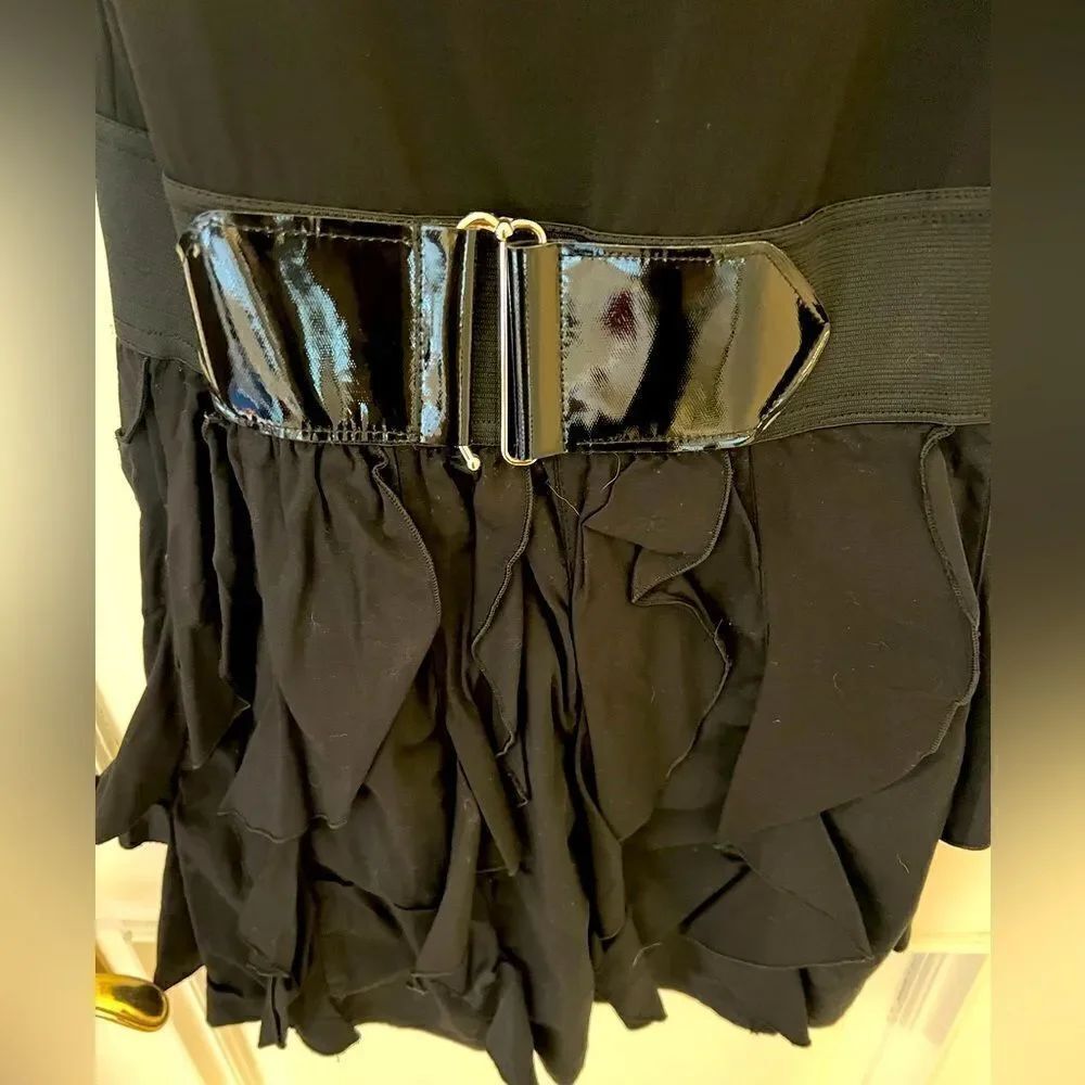 Belted black mini dress in small